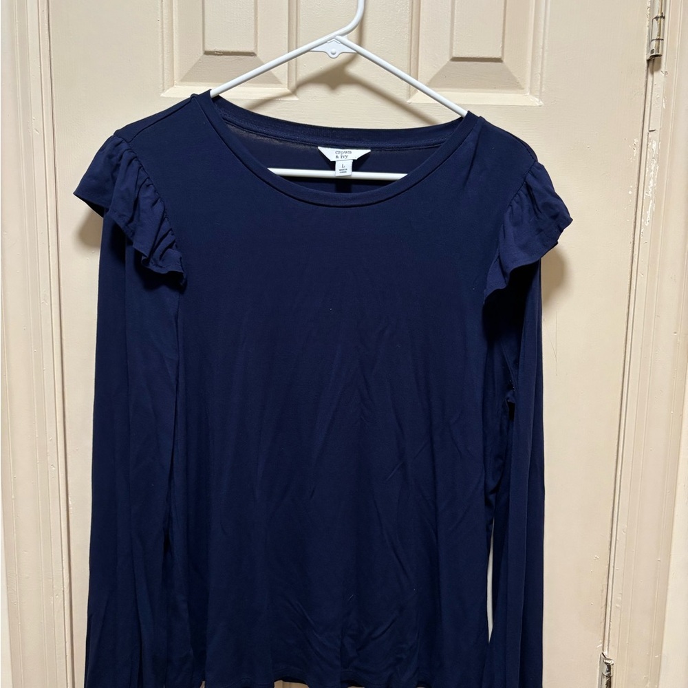 crown & ivy Navy Ruffle-Shoulder Long Sleeve Tee